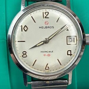 Vintage Helbros Invincible Watch Silver Tone Date Manual Wind Swiss Made 34mm
